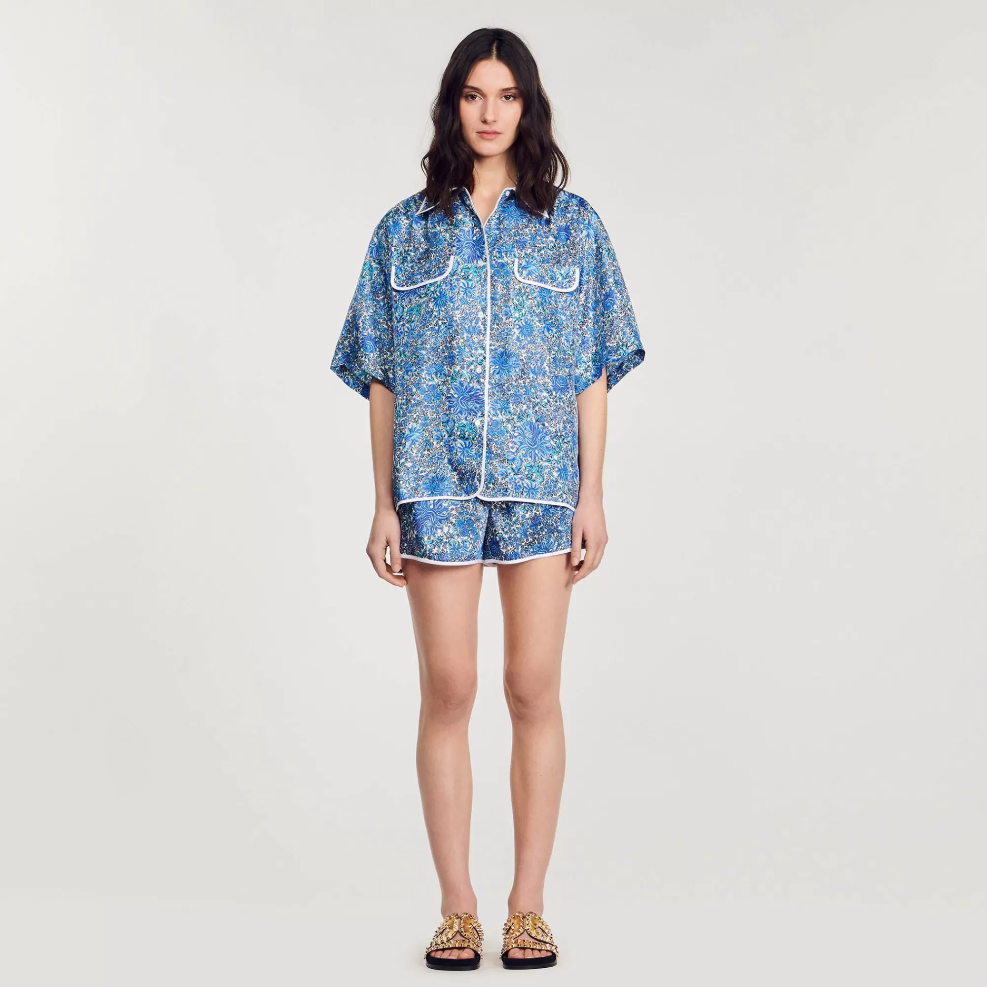 Mulheres Sandro Paris Camisa Larga De Seda Com Flores