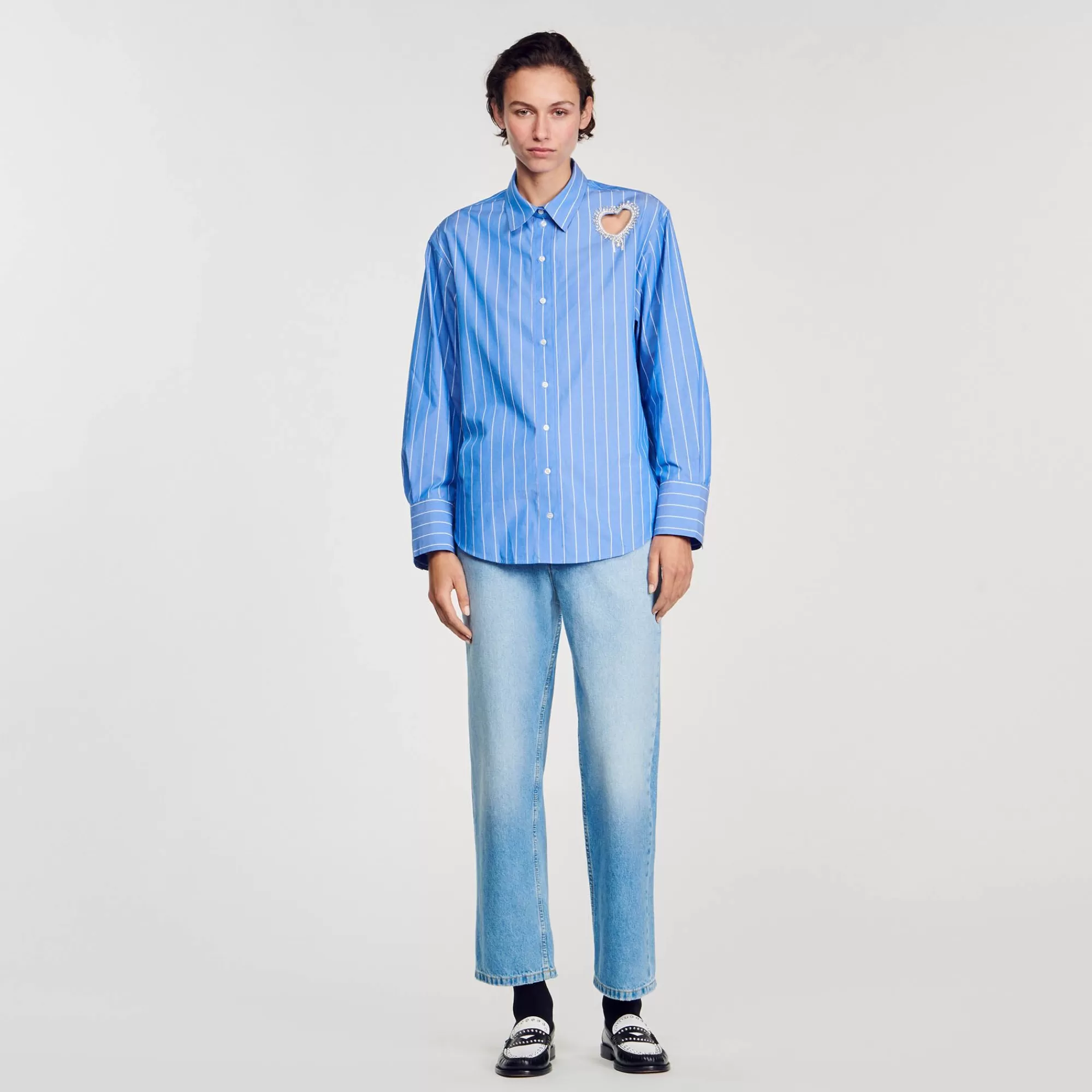 Mulheres Sandro Paris Camisa Listrada E Coracao De Diamante