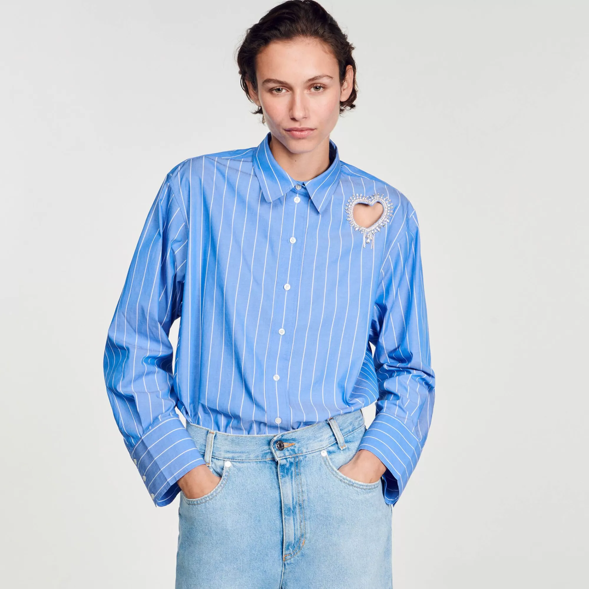 Mulheres Sandro Paris Camisa Listrada E Coracao De Diamante