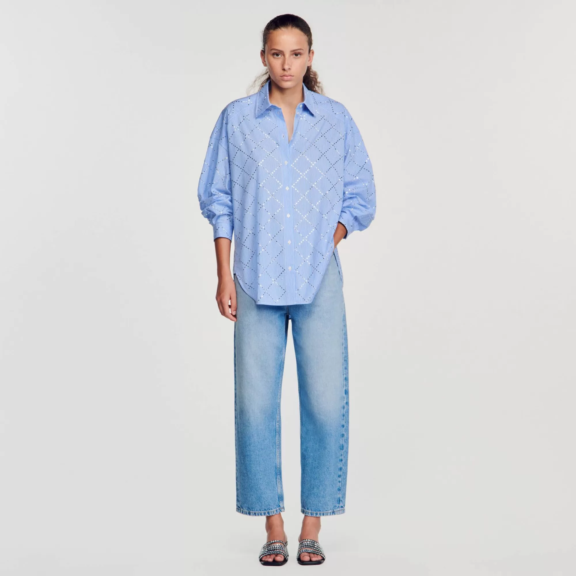 Mulheres Sandro Paris Camisa Oversized Com Strass