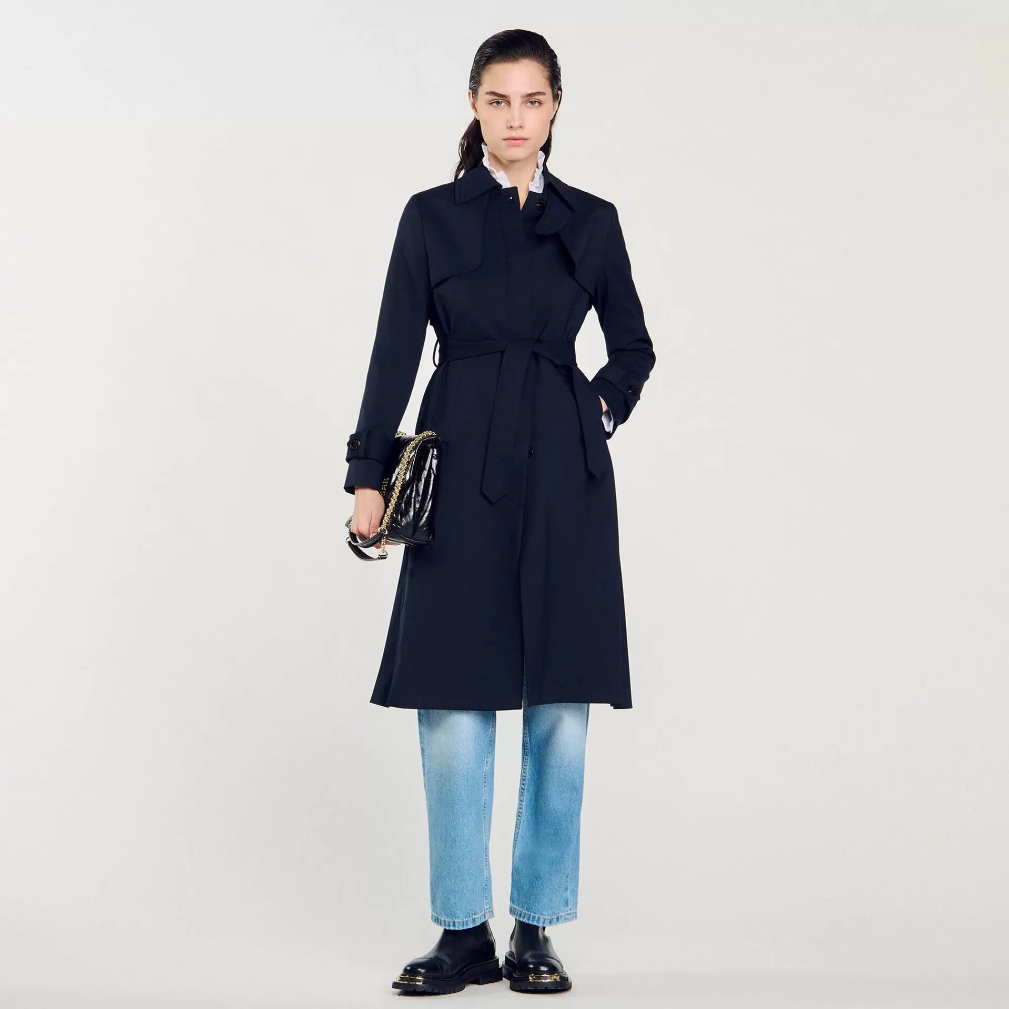 Mulheres Sandro Paris Trench Coat Com Insercao Plissada