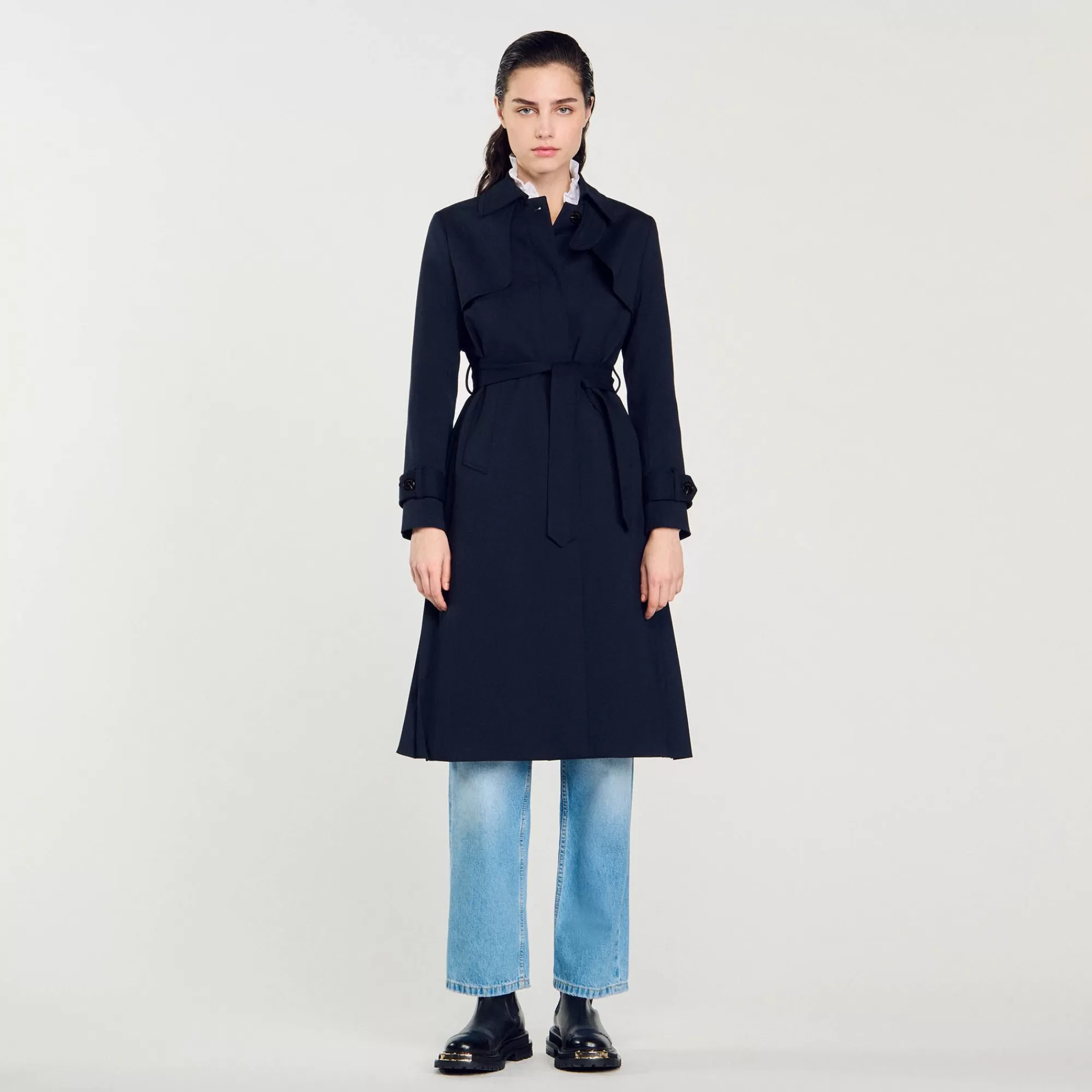 Mulheres Sandro Paris Trench Coat Com Insercao Plissada