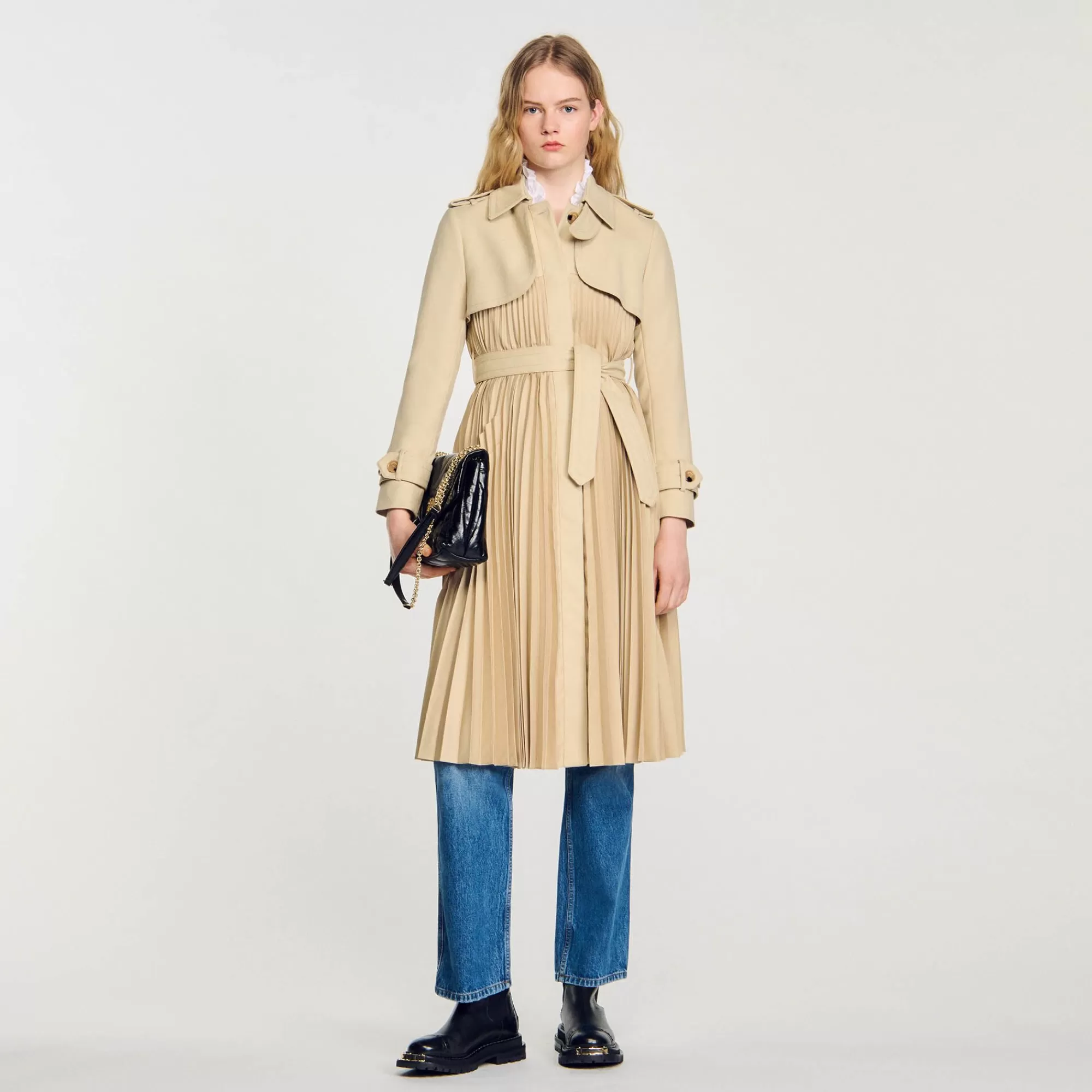 Mulheres Sandro Paris Trench Coat Plissado Com Cinto