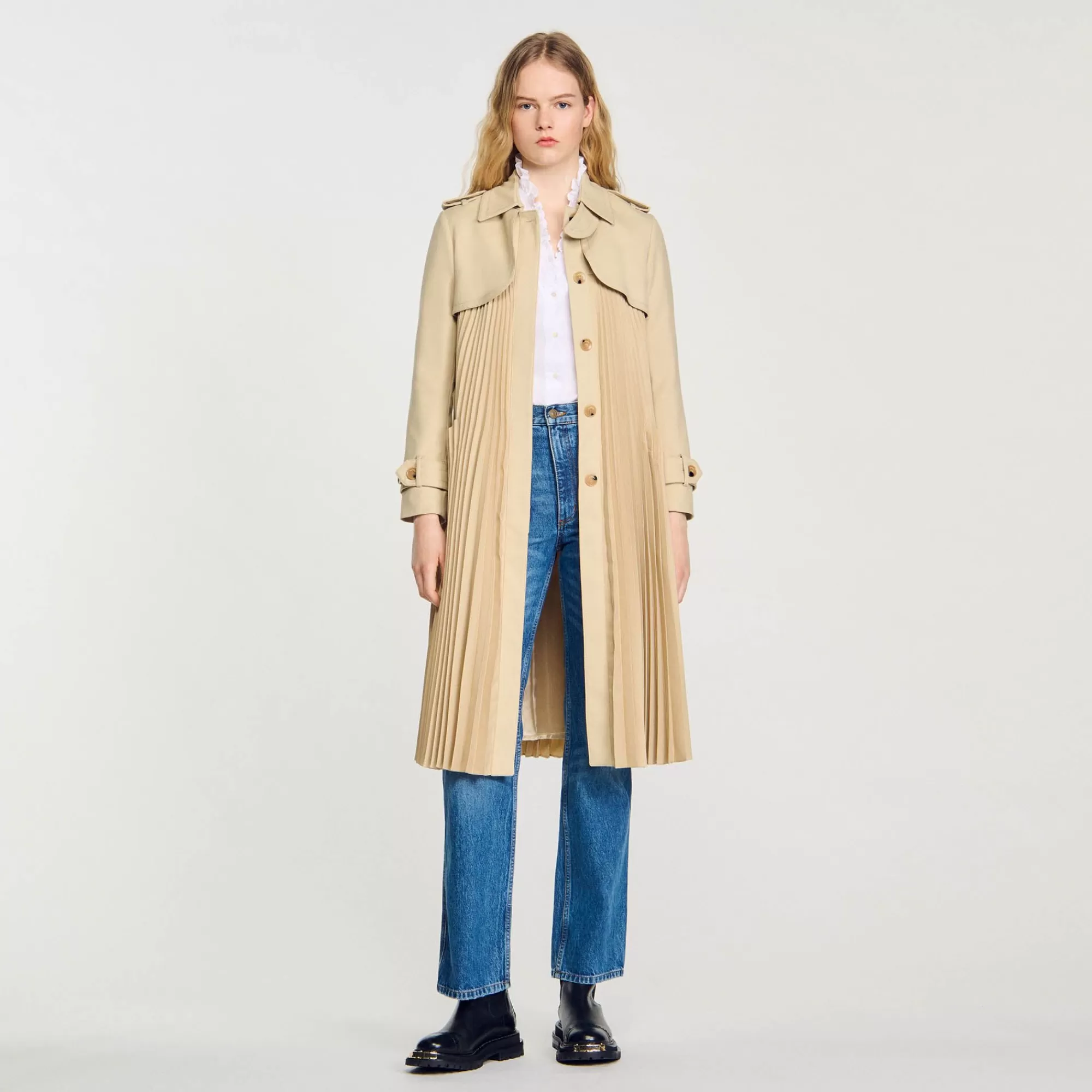 Mulheres Sandro Paris Trench Coat Plissado Com Cinto