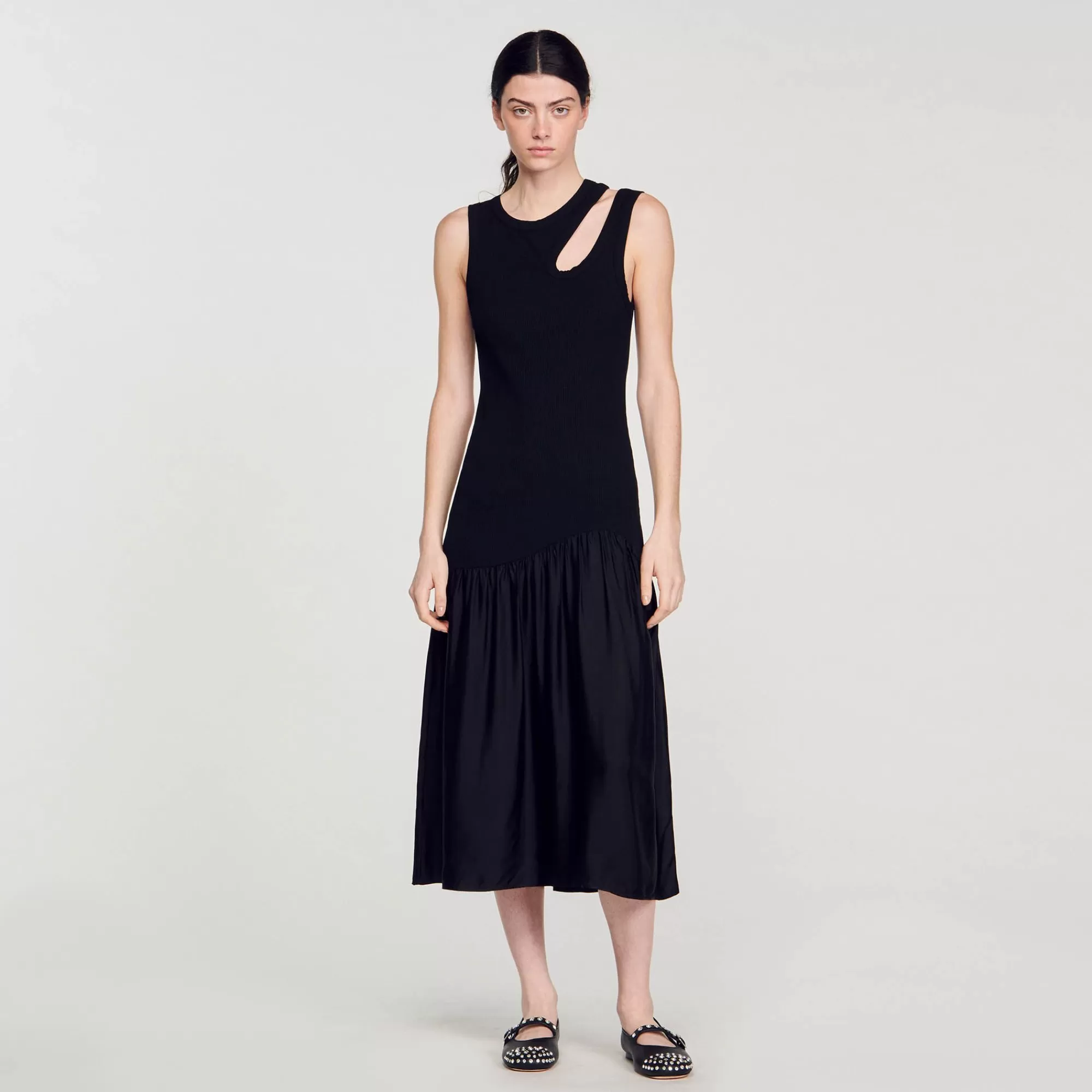 Mulheres Sandro Paris Vestido Longo De Dois Materiais