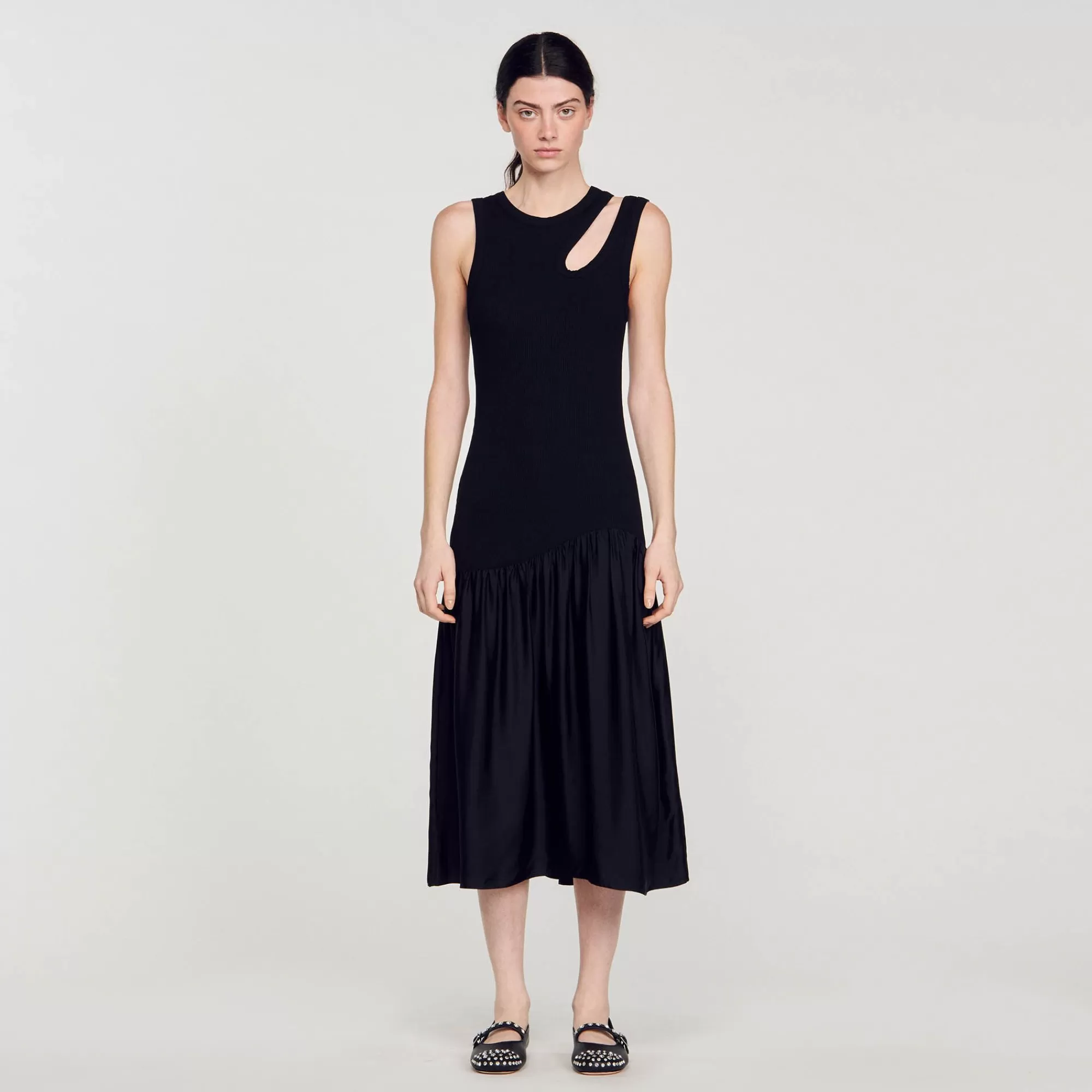 Mulheres Sandro Paris Vestido Longo De Dois Materiais