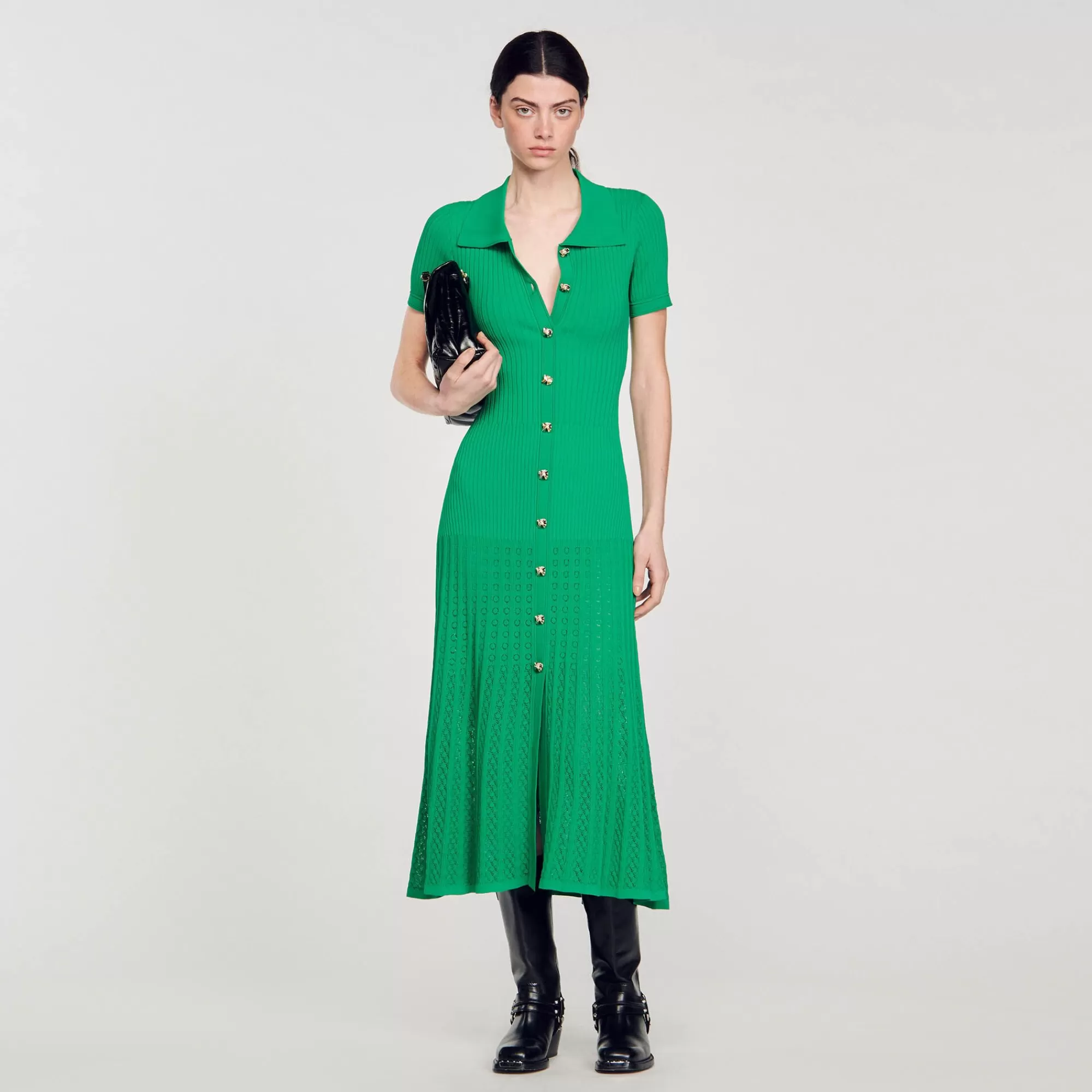 Mulheres Sandro Paris Vestido Longo De Malha Canelada