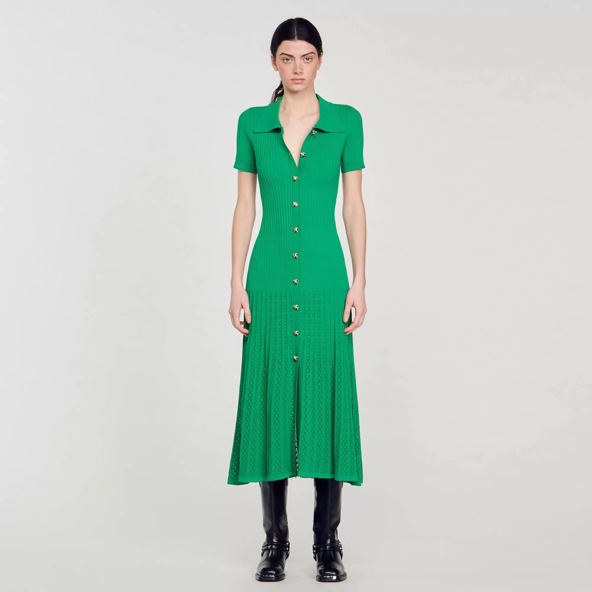 Mulheres Sandro Paris Vestido Longo De Malha Canelada