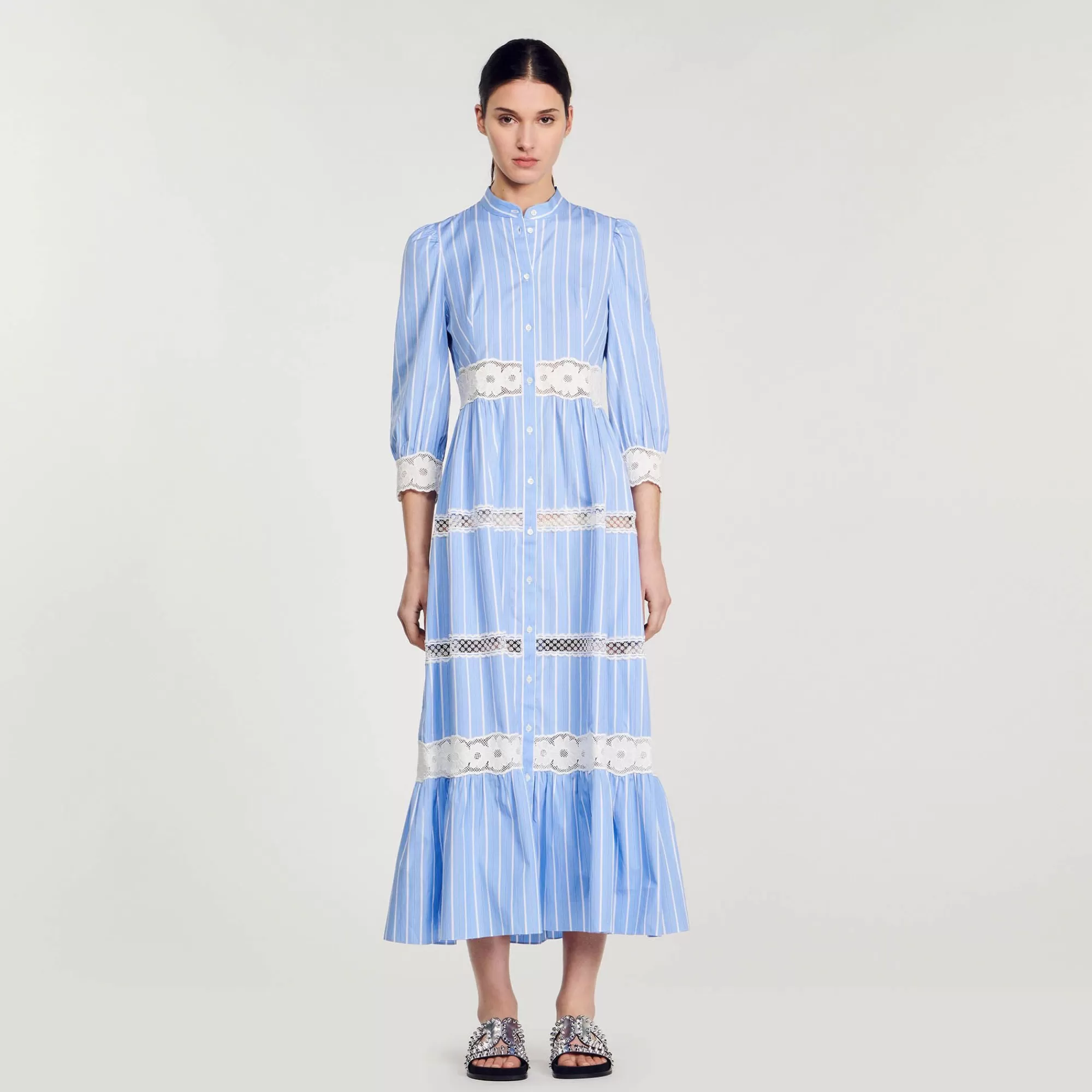 Mulheres Sandro Paris Vestido Longo Listrado De Algodao