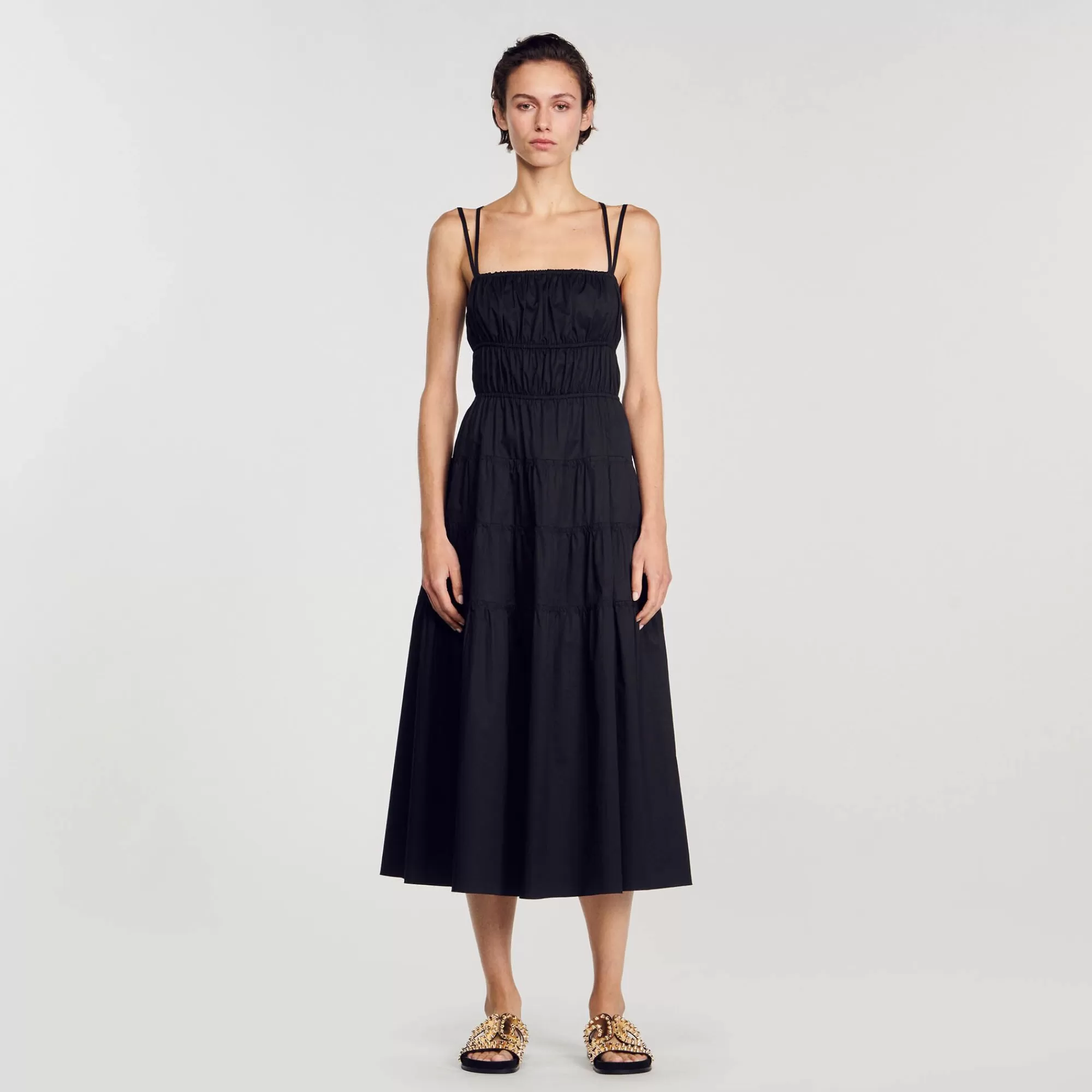 Mulheres Sandro Paris Vestido Midi Franzido